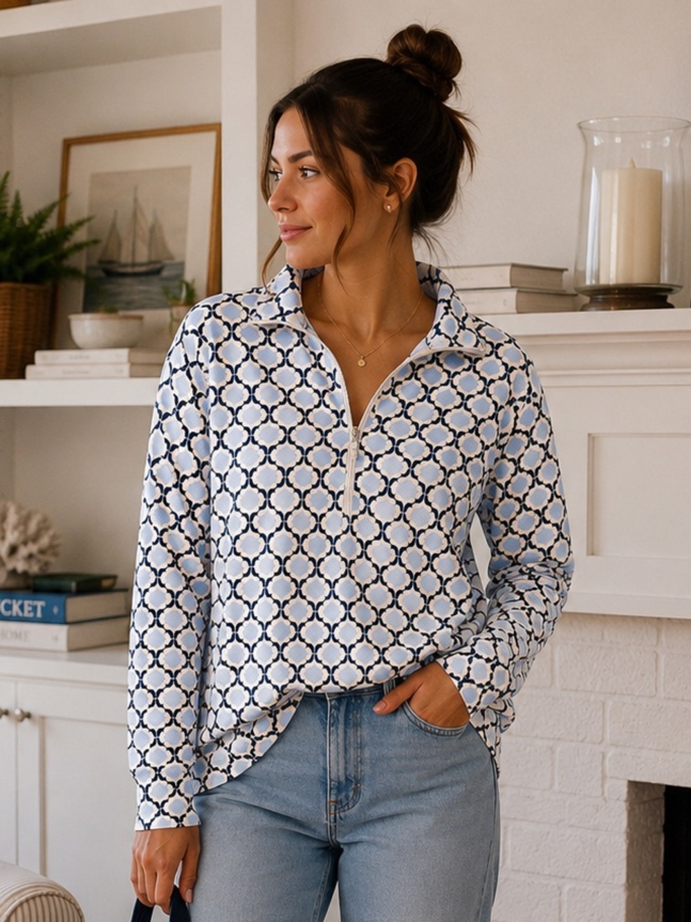Talbots White & Navy Geometric-Print Button-Down Top